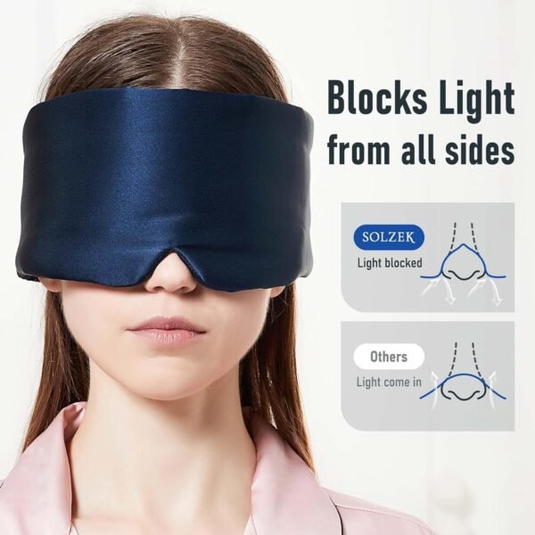 Nature Silk Sleeping Mask Soft Featherweight Eye Mask Large Wrap-Around Blindfold with Adjustable Velcro Blackout for Wild Sleeper Nose Cut (NavyBlue) - Image 3