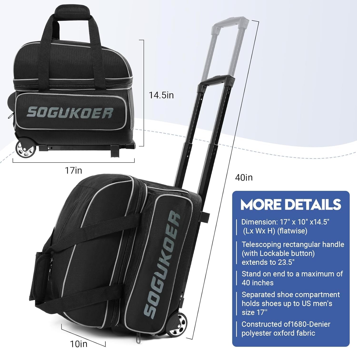 2 Bowling ball Bag with Wheels, Lightweight Trolley Double Ball Bowling bag with Large Separate Shoe Compartment and Oversized Accessory Pocket, Retractable Handle Extends To 39.5" - Image 6