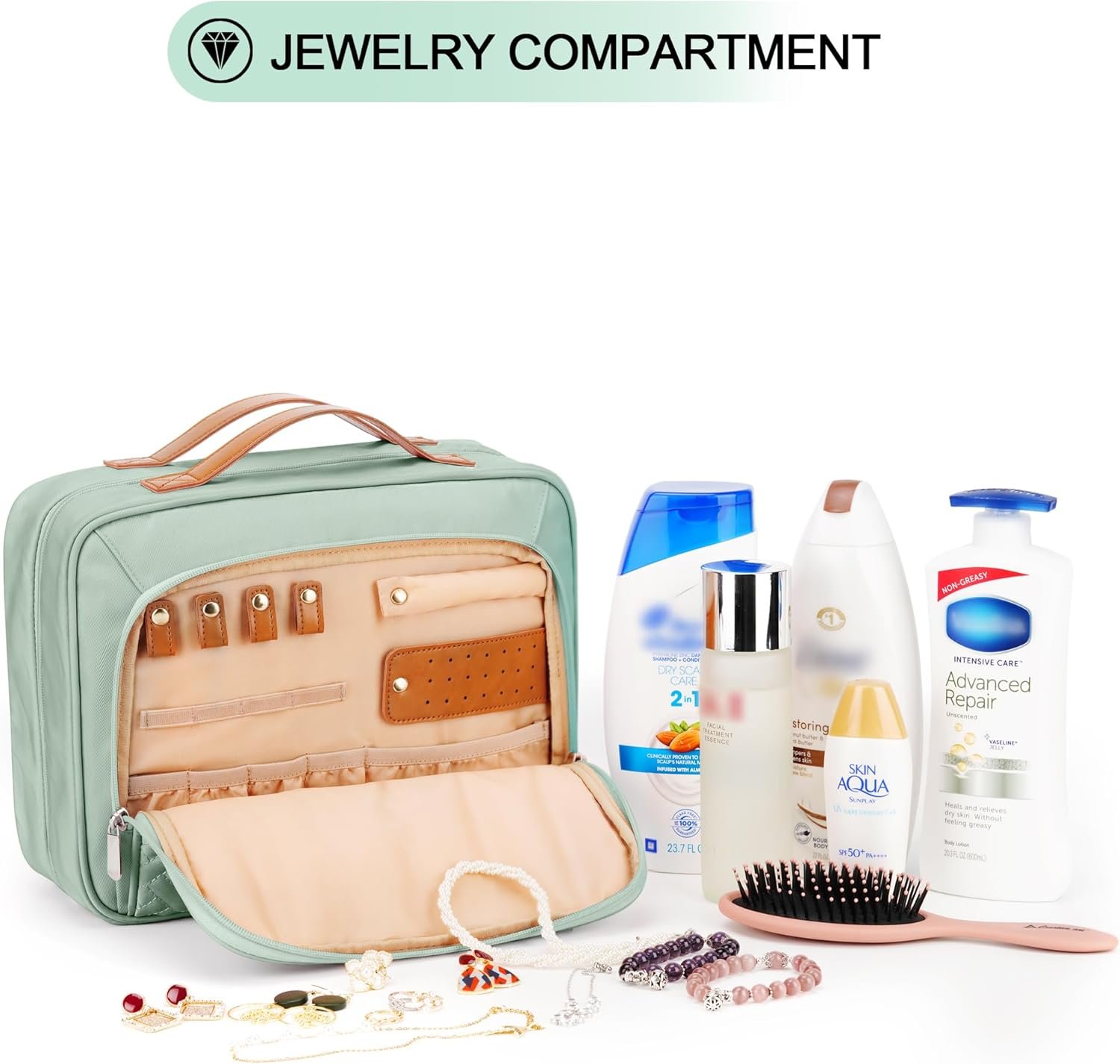 Travel Hanging Toiletry Bag for Women, Cruise Ship Essentials, with Jewelry Organizer, Extra Large Makeup Dopp Kit, Waterproof Cosmetic Bags, Toiletries Kit Set with Trolley Belt, Green - Image 8