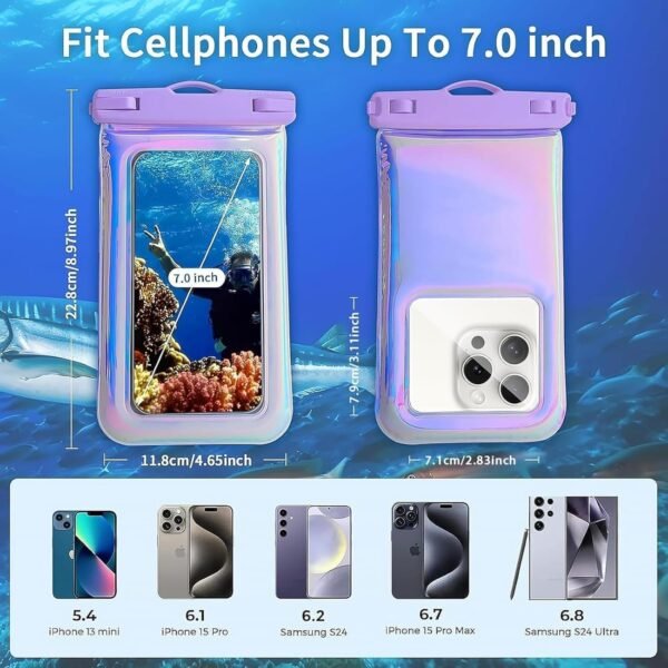 Floatable Waterproof Phone Pouch Case 2 Pax for iPhone 16 Pro Max/15/14/13/12, IP68 Travel Cellphone Dry Bag Beach Cruise Ship Essentials Bags with Crossbody Lanyard, Iridescent Purple and Black-7″ - Image 3