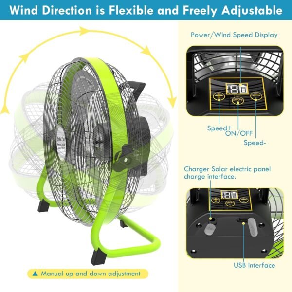 xingruyu 14 Inch Rechargeable Solar Powered Fan with Solar Panel Powered and AC Charger Dual Input, Solar fan for Household Camping Fishing Outdoors 360° Tilt, Portable Rechargable Fan - Image 5