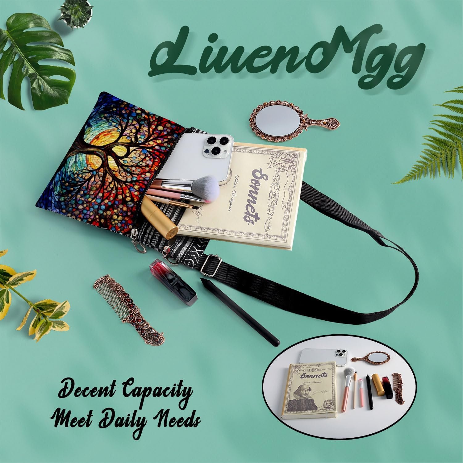 Stained Glass Pattern Crossbody Handbag with Zipper Butterfly World Tree Bee Aesthetic Present for Woman - Image 7