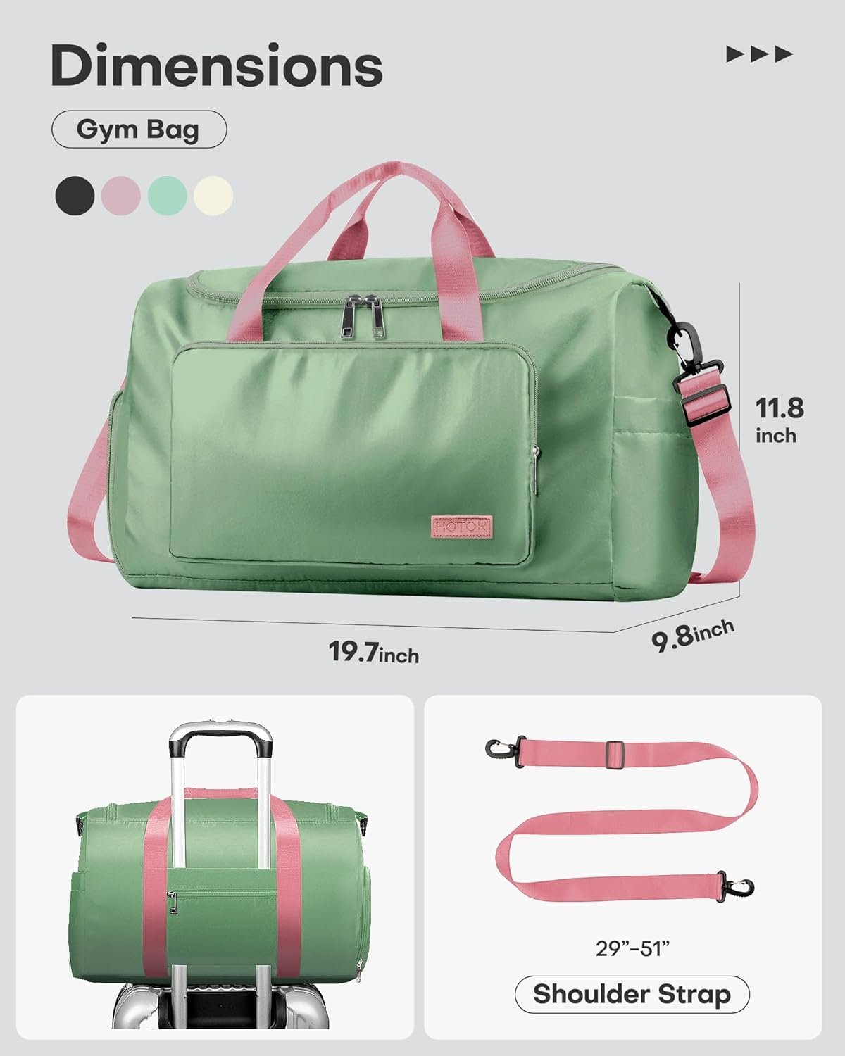 HOTOR Gym Bag for Men and Women - Travel Duffle Bag with Shoe Compartment and Waterproof Pocket, Carry on Luggage with Trolley Sleeve for Sports, Weekend Trips, Green, 19.7" × 9.8" × 11.8" - Image 2