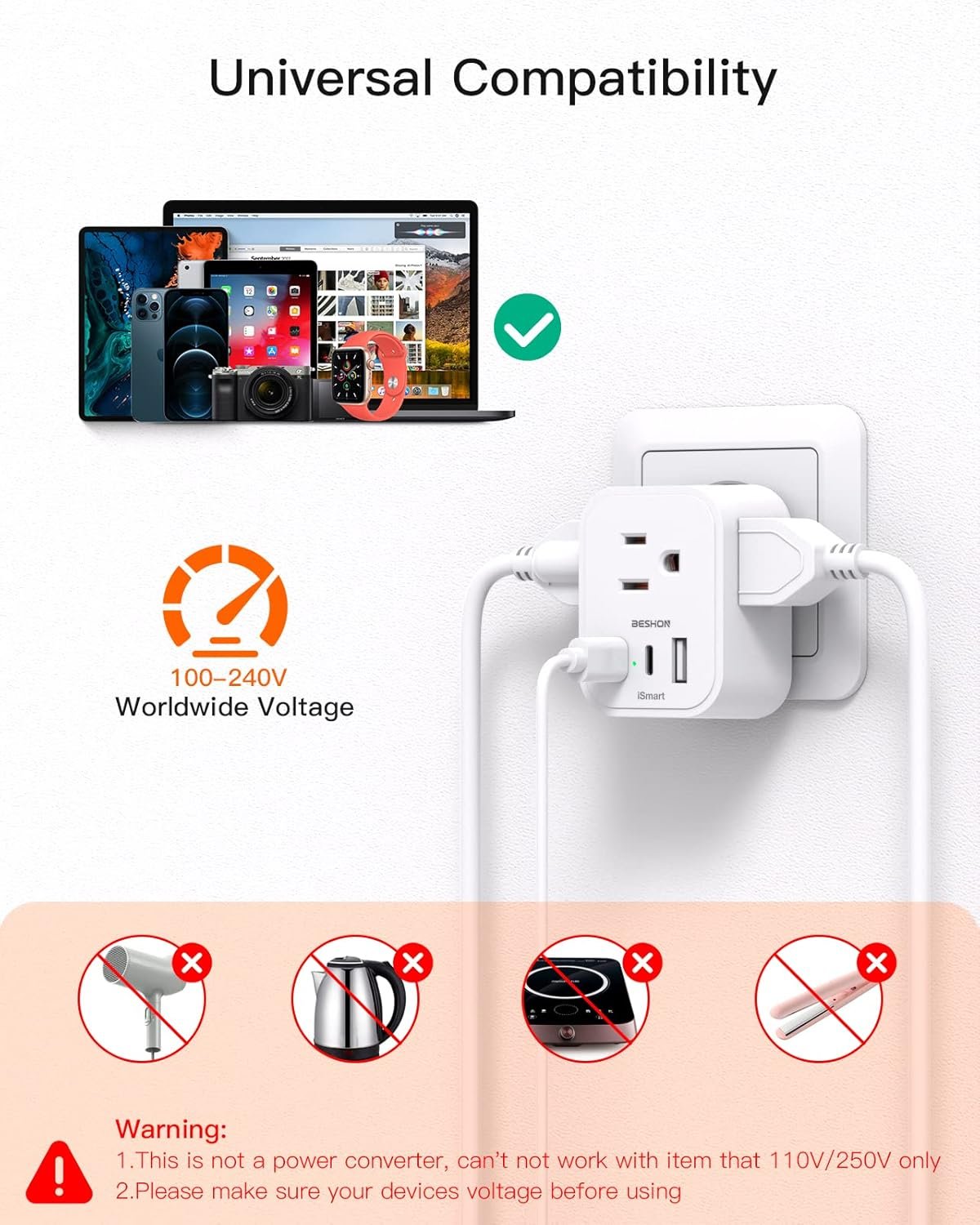 【2-Pack】 European Travel Plug Adapter, BESHON International Power Plug Adapter with 3 Outlets 3 USB Ports(2 USB C), Type C Plug Adapter Travel Essentials to Most Europe Spain Italy France Germany - Image 6