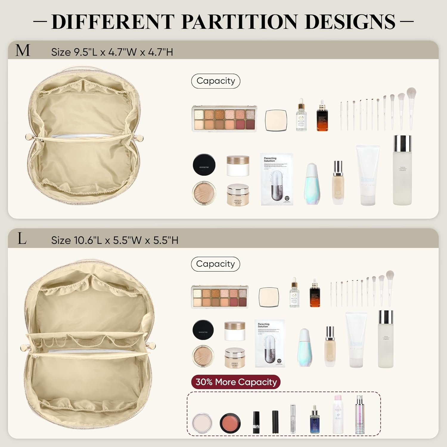 Travel Makeup Bag, Large Capacity Cosmetic Bags for Women, Waterproof Portable Pouch Open Flat Make up Organizer Bag with Dividers and Handle, Toiletry Bag for Essentials, Beige - Image 3