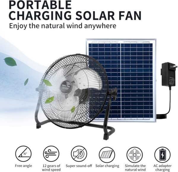14 Inch Portable Rechargeable Table Fan with Solar Panel Powered and AC Charger Dual Input for Household, Camping, Fishing Outdoors - Image 5