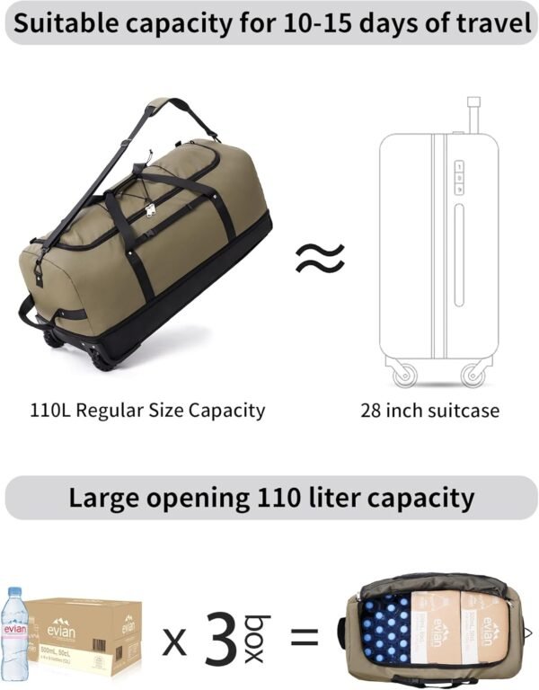 CONTAIL 32”110L Expandable 140L Rolling Duffle Bag with 2 Inline Wheels,Convertible Weekend Travel Bag with Bungee-Cord System,Army Green - Image 5