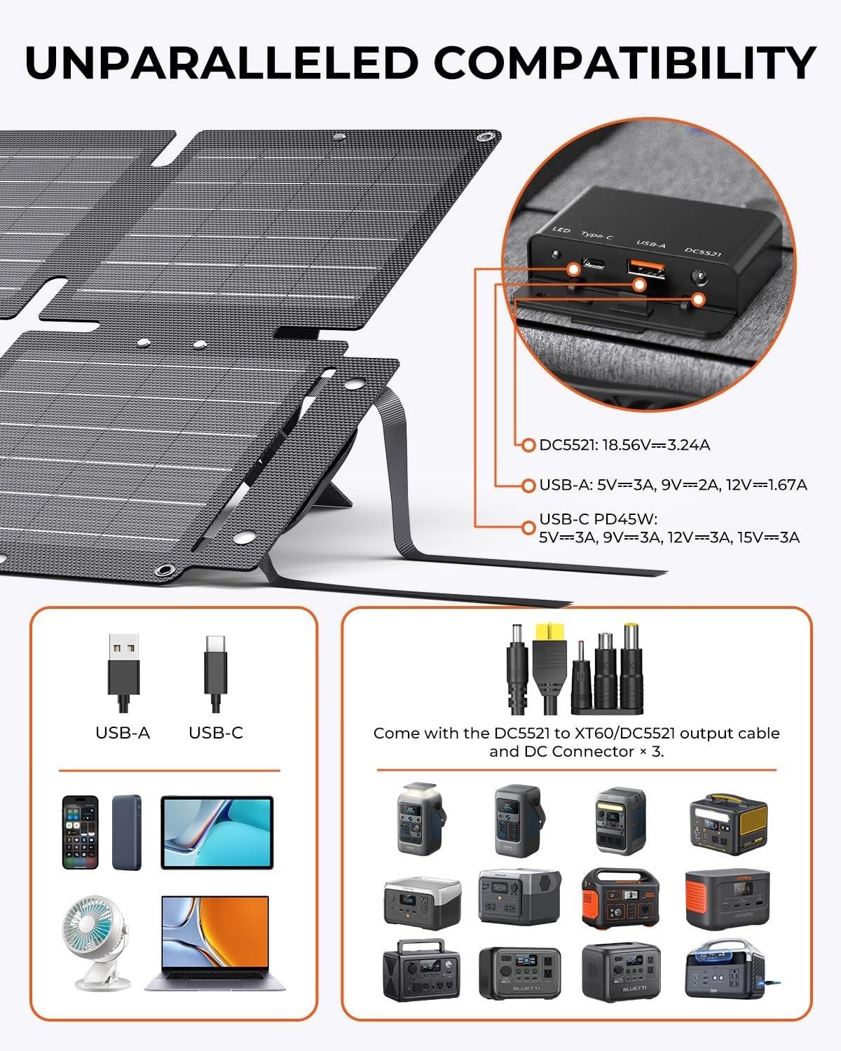 BigBlue 60W Portable Compact Solar Panel with PD 45W USB-C, 20W USB-A, DC Ports for Power Stations, Cellphones, Power Banks, Tablets, IP68 Waterproof, Foldable Camping Solar Charger with Kickstand - Image 2