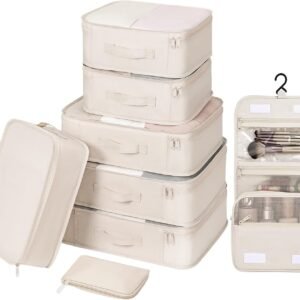 DIMJ Packing Cubes for Travel – Organizer Bags Set for Carry on Suitcase Lightweight Travel Cubes for luggage with Large Toiletries Bag (Cream)