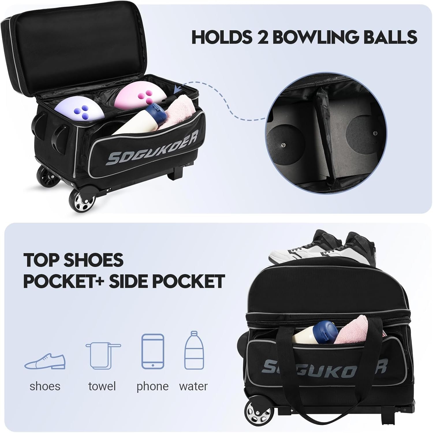 2 Bowling ball Bag with Wheels, Lightweight Trolley Double Ball Bowling bag with Large Separate Shoe Compartment and Oversized Accessory Pocket, Retractable Handle Extends To 39.5" - Image 2