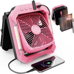 26800mAh Portable Fan Rechargeable with 18W Detachable Solar Panel, Quiet Battery Powered Camping Fan Cordless with LED Lantern,3 Speed,Timer,USB-C,for Bedroom Tent Home Office Desk Hurricane(Pink)
