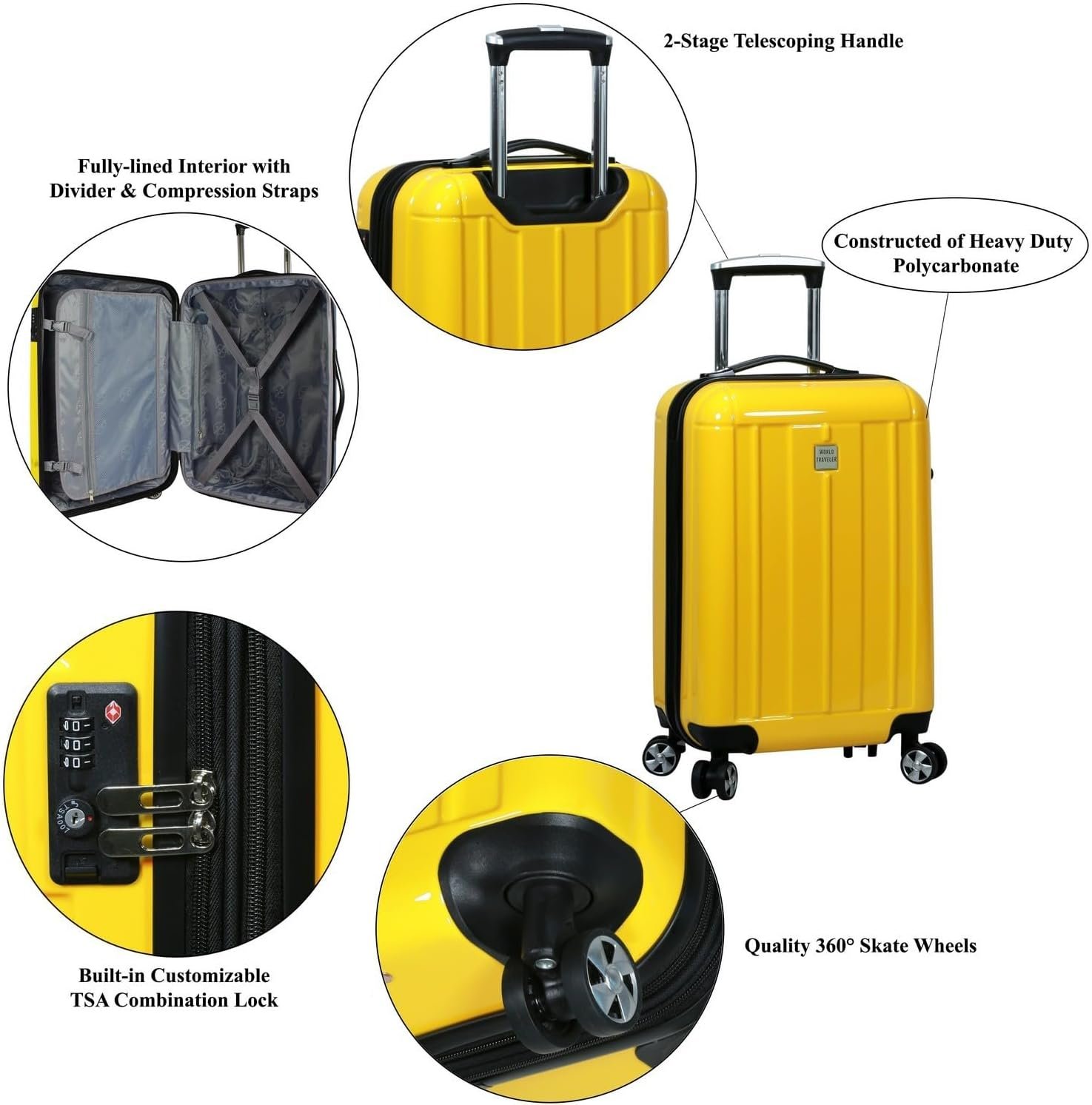 World Traveler Contour Hardside Expandable Spinner Luggage, Yellow, 24-inch - Image 3