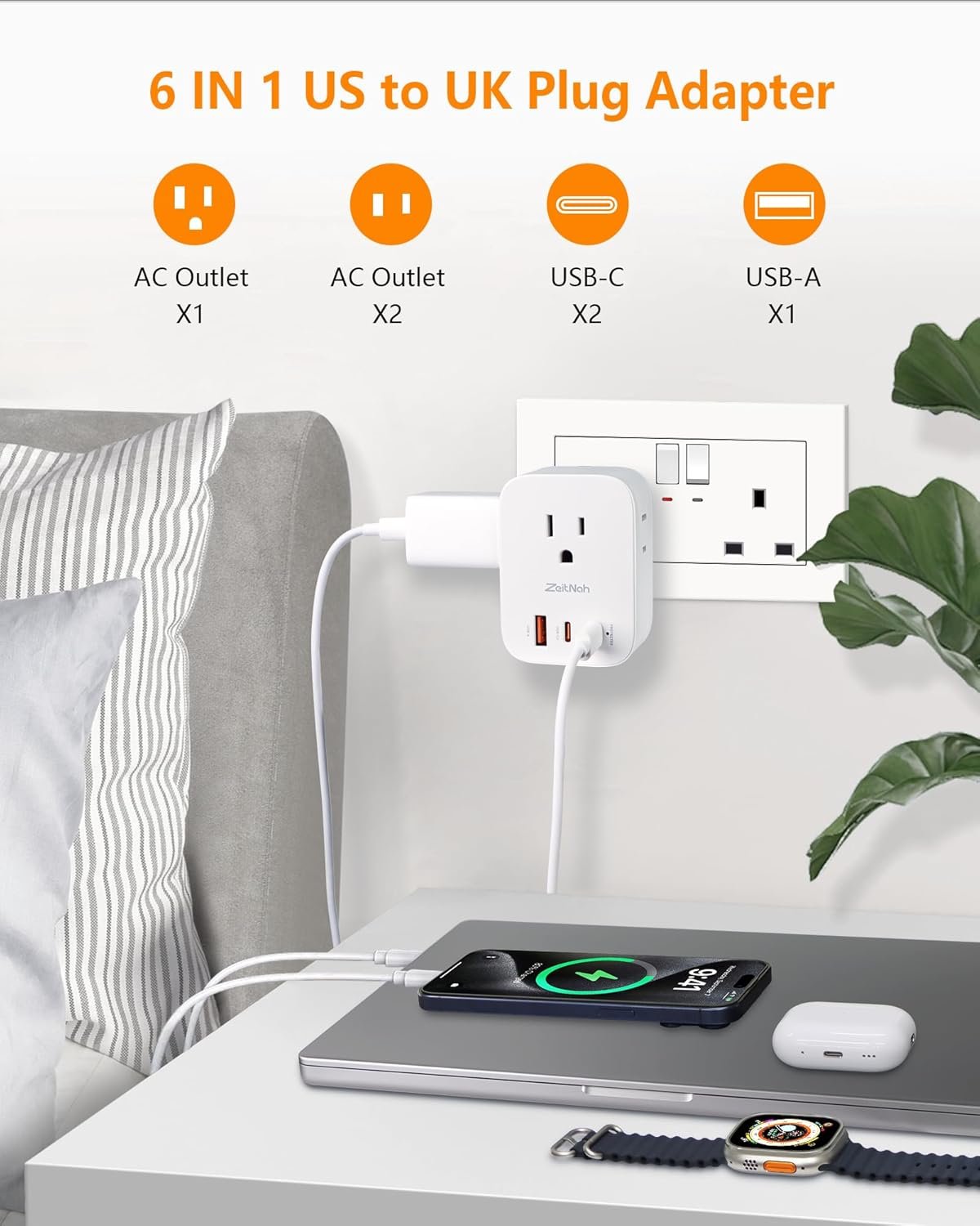UK Travel Plug Adapter (2 Pack), Type G Plug Adapter with 30W GaN Fast Charger, 3 AC Outlets, 2 USB-C & 1 USB-A Ports, Surge Protection, Power Adapter for UK, Ireland, Singapore, Hong Kong & More - Image 3