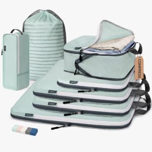 CherryNow Compression Packing Cubes, 7 Set Packing Cubes for Travel, Travel Essentials for Suitcase, Luggage Organizer Bags for Travel with Shoe Bag, Grey Blue