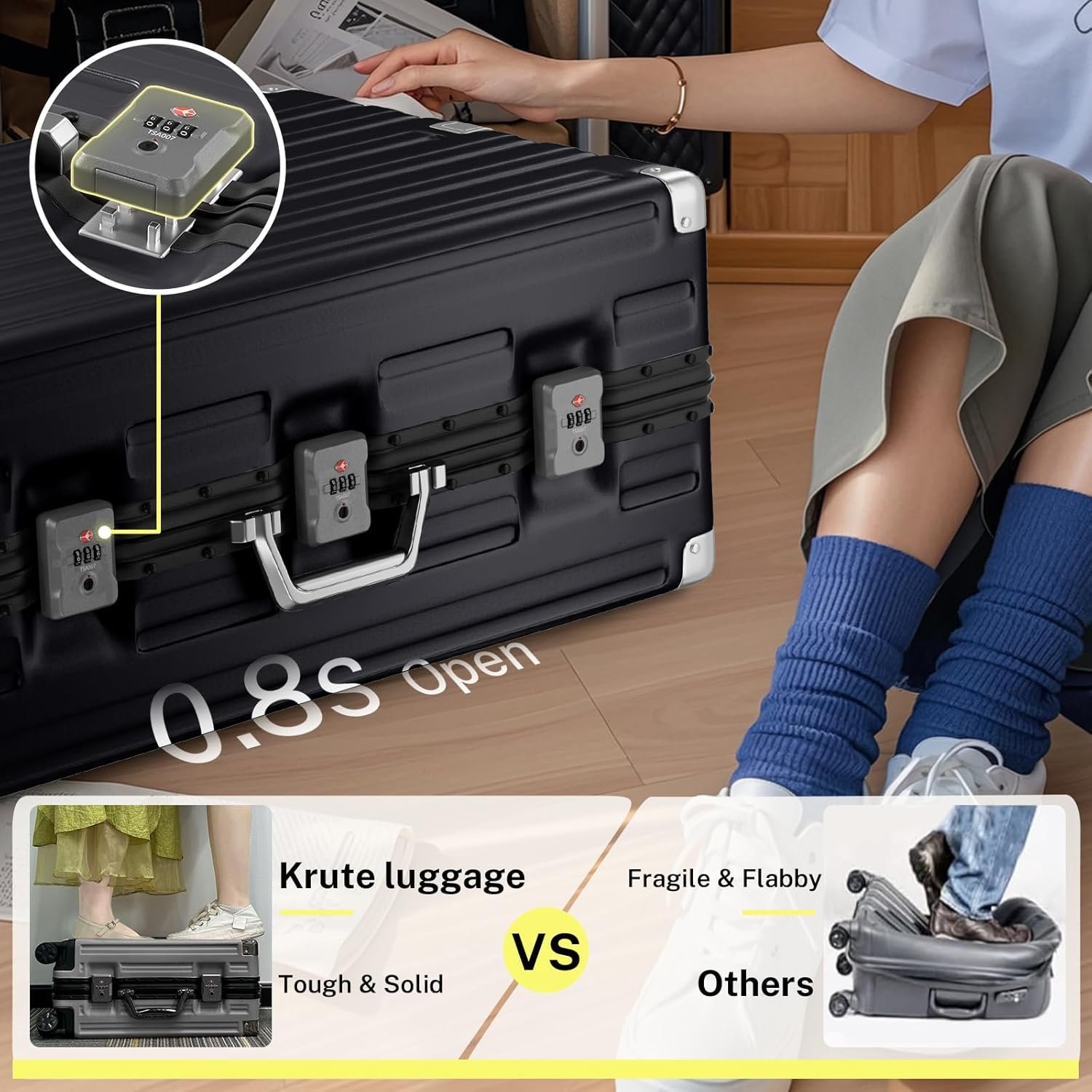 Krute Carry On Luggage 20 inch Aluminum Frame Suitcase with Spinner Wheels No Zipper Hardshell PC+ABS Luggages TSA Lock Zipperless Suitcases - Image 7