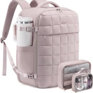 LOVEVOOK Large Travel Backpack for Women, TSA Carry on Backpacks for Airplanes, 40L Personal Item Travel Essentials Bag with 3 Packing Cubes, Waterproof Puffer Laptop Bag for Weekender Overnight Black