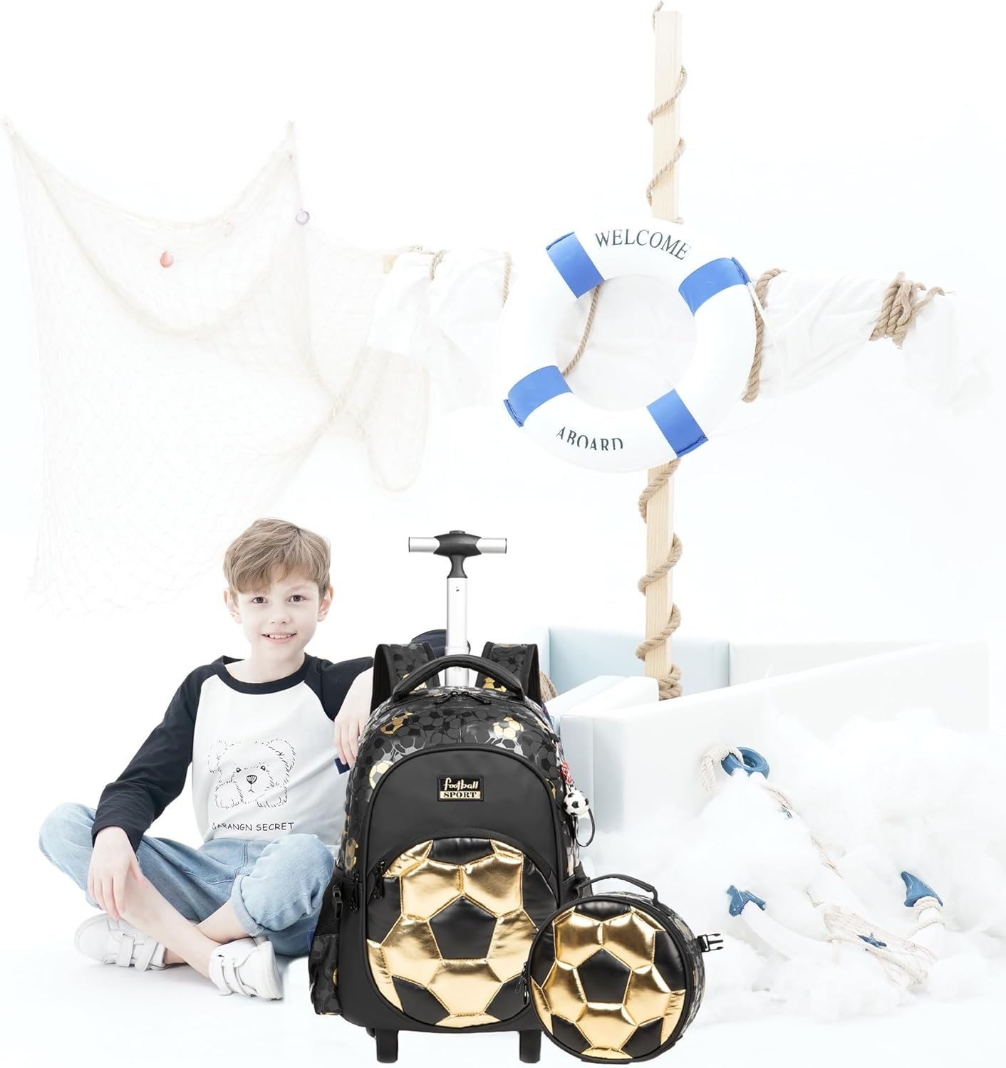 Kids Rolling Backpack Roller Backpack with Wheels Elementary Kindergarten School Students Football Trolley School Bag for School Boys - Image 5