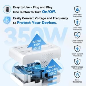 DOACE 220v to 110v converter 350W voltage converter us to europe for Hair Straightener/Curling Iron Converter for European Travel with 4-port USB Charging and UK/AU/US/EU Worldwide Plug Adapter, White