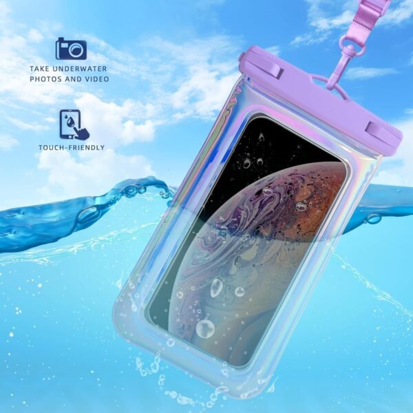 Floatable Waterproof Phone Pouch Case 2 Pax for iPhone 16 Pro Max/15/14/13/12, IP68 Travel Cellphone Dry Bag Beach Cruise Ship Essentials Bags with Crossbody Lanyard, Iridescent Purple and Black-7″ - Image 5