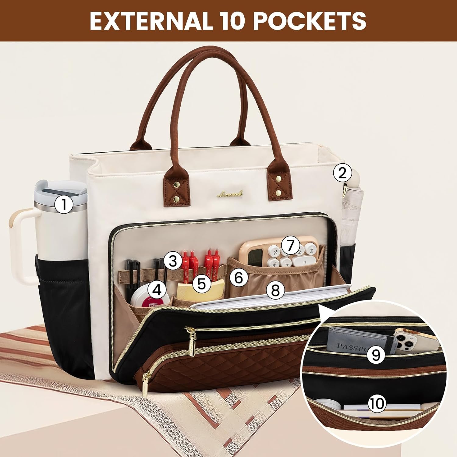 LOVEVOOK Teacher Tote Bag for Women Work, Laptop Bag With Large Cup Holder, Nurse Bags Professional Briefcase Business Computer Purses Handbag, Black-Beige-Brown, 15.6 Inch - Image 3