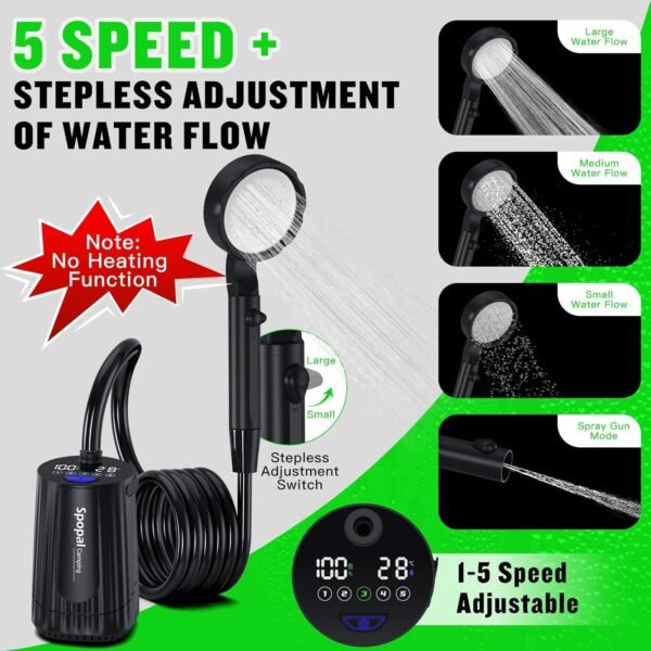 Portable Camping Shower - 10000mAh Rechargeable, 5-Speed, IPX8 Waterproof, LED Display Camp Shower Pump- Perfect for Hiking, Travel, Cars & Pets - Image 4