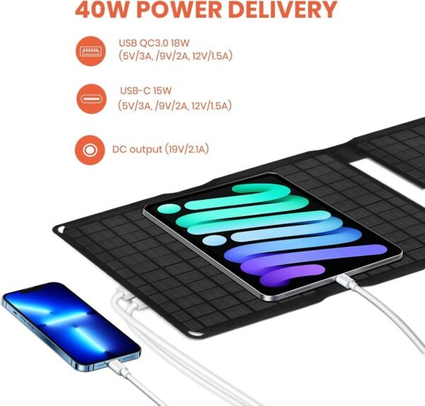 FlexSolar 40W Portable Solar Panel Charger with USB-A/USB-C/DC Outputs for Camera Phones Tablets Power Stations - Waterproof for Outdoor Backpacking Camping RV Boat - Image 5