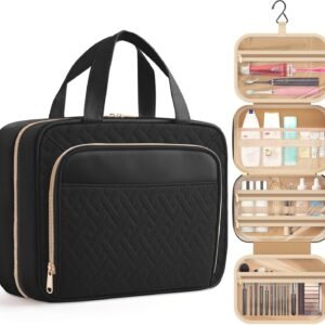 HOTOR Travel Toiletry Bag for Women & Men, Waterproof Makeup Bag with Hanging Hook and Multiple Pockets, Cosmetic Bags for Women, Travel Essentials, 11.2” x 3.2” x 8.9”, Black