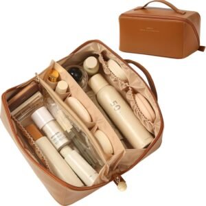 Travel Makeup Bag Organizer Countertop Case Toiletry Bag Cosmetic Bag for Women Vanity Storage Bathroom Counter Skincare Organizers Pouch with Divider and Handle Travel Essentials Gift for Girl