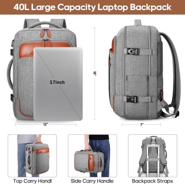 Travel Backpack, 17Inch Laptop Backpack, Carry-on Approved Bag for Men & Women, Waterproof Luggage with Packing Cubes, Shoe Pocket, Personal Item Size for Flights - Image 4
