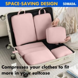 SOMADA 6 Pieces Packing Cubes Set (2 Compression + 4 Organization) Travel Essentials for Suitcase and Carry On, Travel Bags Luggage Organizer – Pink