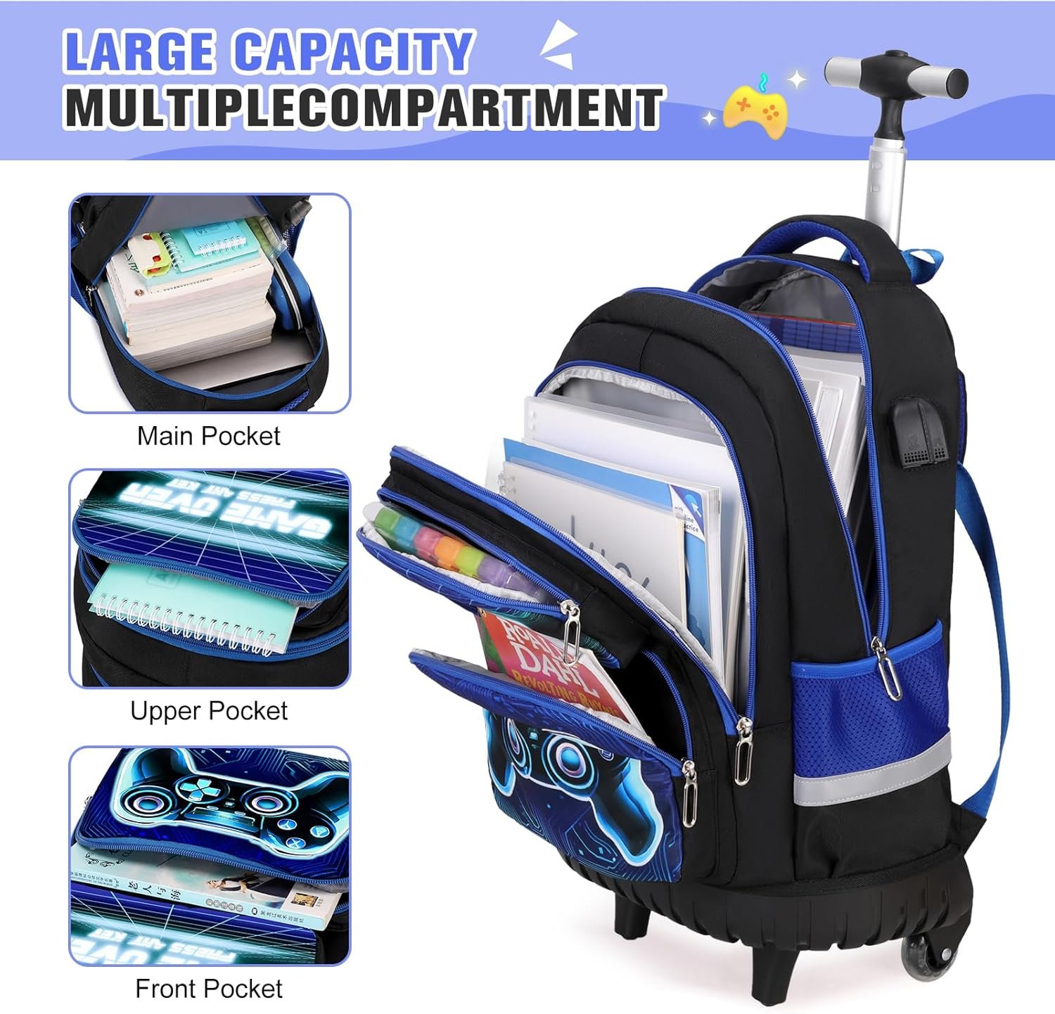 Bevalsa Rolling Backpack for Boys, 3PCS Gamer Roller School Backpacks with Lunch Box & Pen Case, Kids Bookbag Schoolbag with Wheels for Teen Boy Kindergarten Elementary Middle School - Image 3