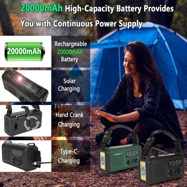 Emergency Weather Radio (Condor 1) NOAA/AM/FM with 74000mWh Portable Radio, USB-C/Solar/Hand Crank Charging, SOS Alarm, Flashlight, Reading Lamp & Survival Handle Kit for Indoor/Outdoor (Black) - Image 4