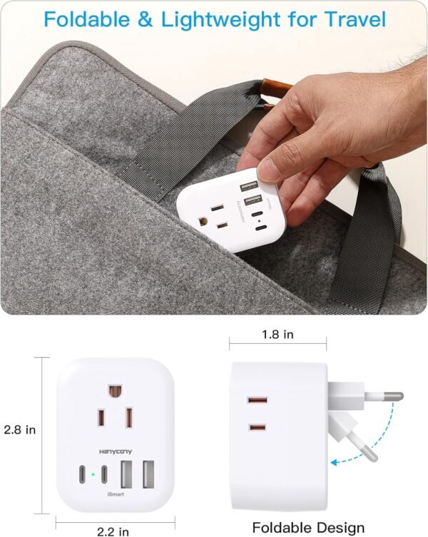 2 Pack European Travel Plug Adapter, HANYCONY International Power Adapter 4 Outlets 4 USB C Ports (2 USB C), Foldable Type C Adapter for US to Most Europe EU Italy Spain Greece Portugal France Germany - Image 5