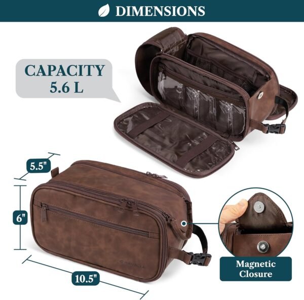 PAVILIA Toiletry Bag for Men Women, Mens Travel Bag Toiletries Organizer Case for Grooming, Travel Essentials Shaving Dopp Kit, PU Leather Water Resistant Cosmetic Pouch, Dark Brown - Image 4