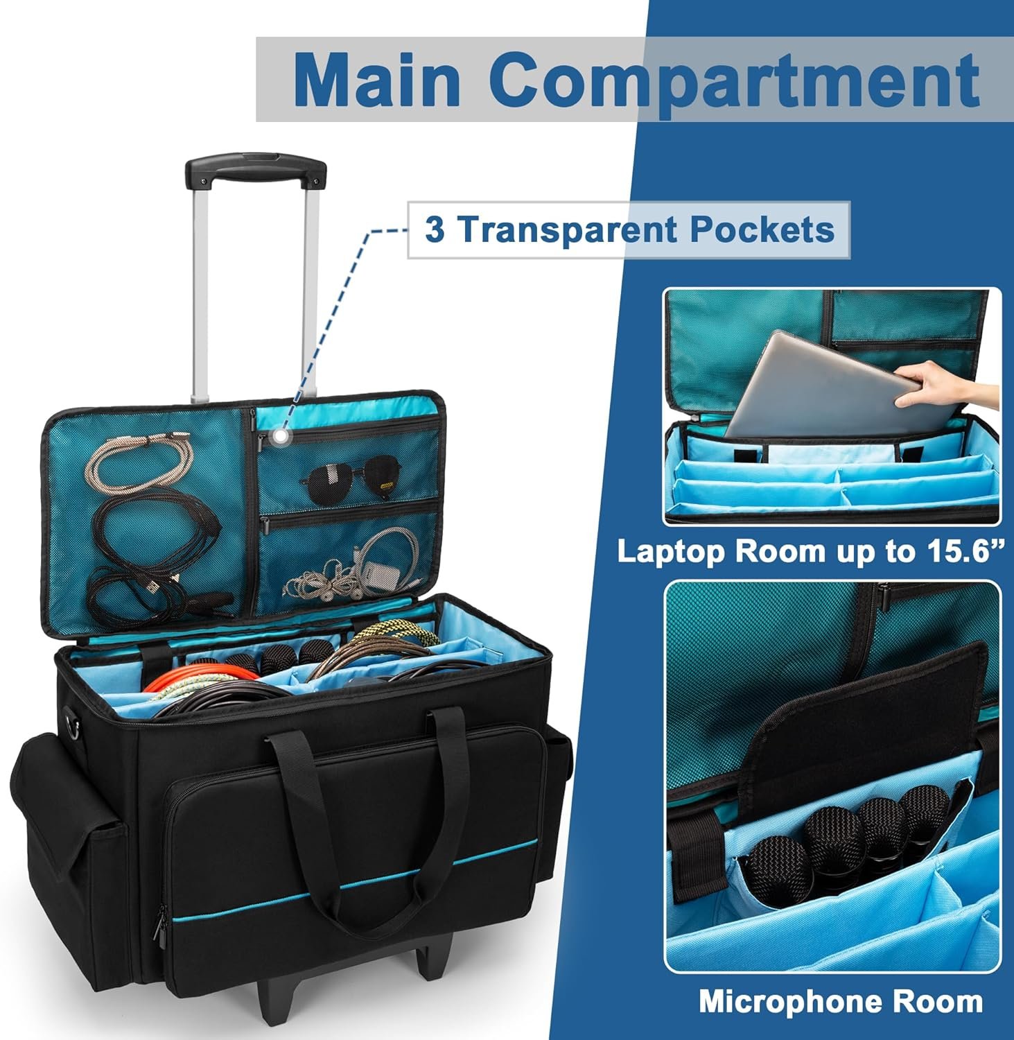 Large Rolling DJ Cable Bag, Padded Gig Bag with Detachable Trolley & Divider, Music Gear Case with Multi Pockets for 15.6" Laptop, DJ Gear, Musical Instrument, Sound Equipment Storage - Image 3
