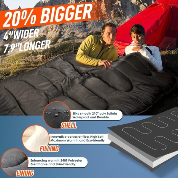 MEREZA Double Sleeping Bag for Adults Mens with Pillow, XL Queen Size Two Person Sleeping Bag for All Season Camping Hiking Backpacking 2 Person Sleeping Bags for Cold Weather & Warm - Image 3