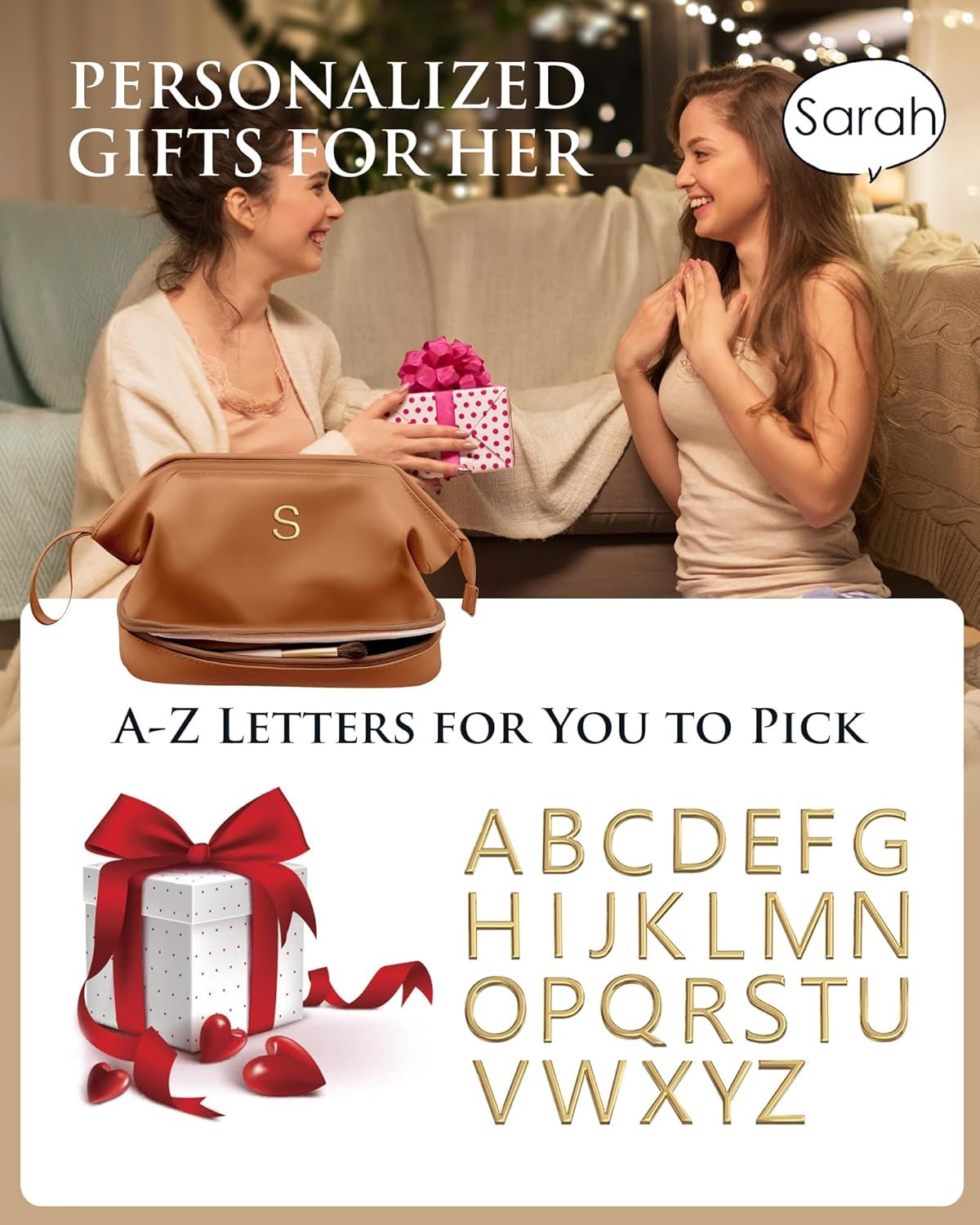 Gifts for Travelers, Personalized Makeup Bag, Monogrammed Gifts, Initial Double Layer Cosmetic Bag with Makeup Brush Organizer, Travel Toiletry Bag, Gifts for Female Mom, Teen Girl Gifts - Image 2