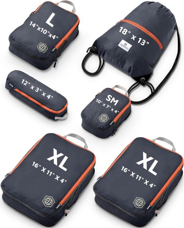 Large Compression Packing Cubes 6 Piece Set for Travel with Lightweight Laundry Bag/Drawstring Backpack for Carry-On Suitcase (Grey/Orange) - Image 3