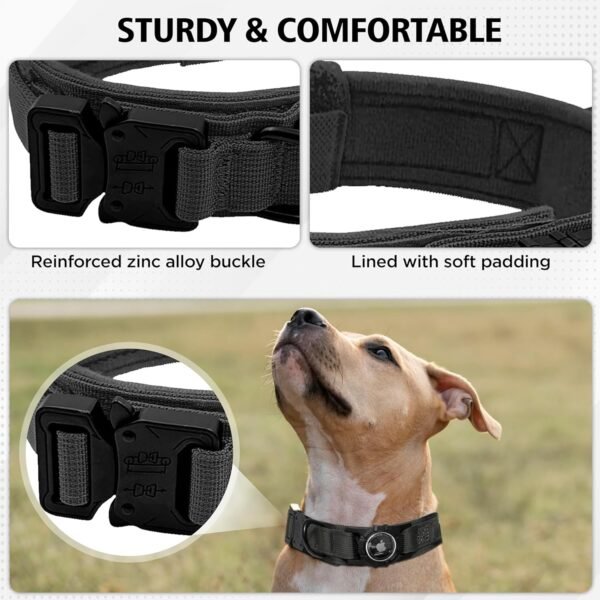 Heavy Duty Tactical Dog Collar with AirTag Holder, Adjustable GPS Tracking Collar for Small, Medium & Large Dogs, Compatible with Apple AirTag, Includes Control Handle for Added Security (Black, M) - Image 3