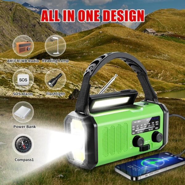 Hand Crank Emergency Radio, 10000mAh Solar Powered NOAA/AM/FM Weather Radio with Multi-Function LED Flashlight and Cell Phone Charger for Indoor/Outdoor Emergencies - Image 7
