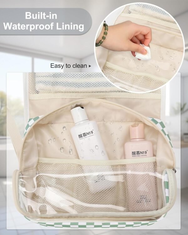 Relavel Travel Hanging Toiletry Bag for Women, Large Capacity Wash Bag with 360 degree Rotation Hanging Hook, Portable Toiletries Makeup Organizer Storage for Daily Use, Trip, Camping - Green Plaid - Image 8