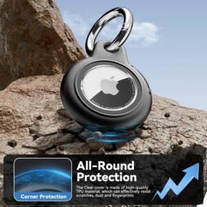 Airtags Holder with Apple Airtags Keychain, Hard PC Air Tag Case, Anti-Scratch & Shock Air tag Holder,Men’s Women’s Keyrings & Keychains, for Dog,Car Key,Luggage -Gray Black