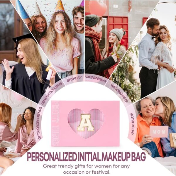 2 PCS Initial Makeup Bags for Women: Cosmetic Bag for Travel Toiletry - Birthday Gifts for 11 12 13 14 15 16 17 18 Years Old Girl Graduation Teacher Gift- Teen Girl Gifts Trendy Stuff - Pink A - Image 5