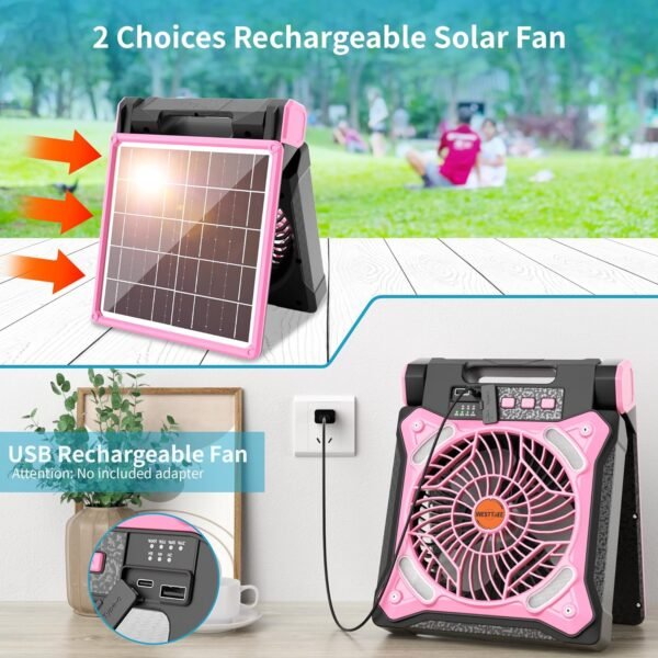 Solar Fan Battery Powered Rechargeable Solar Camping Fan with Led Lantern & Power Bank Foldable Angle USB Personal Fans for Travel Outdoor Camping Tents X98 Pink - Image 2