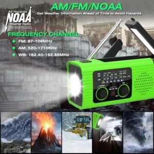 Emergency Radio, Multifunction Solar Charger Hand Crank NOAA Weather AM/FM Radio 4000mAh with USB Charged, Reading Lamp, Flashlight, SOS Alarm, Headphone Jack for Emergencies, 2 Pack