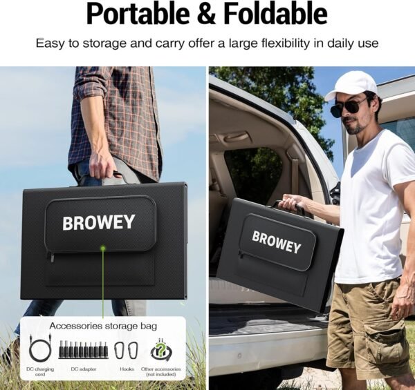 BROWEY 120W Portable Solar Panel for Power Station, USB/Type-C/DC Outputs, Foldable with Adjustable Kickstand, IP68 Waterproof, High Efficiency Solar Charging for Camping & Emergency Power Supply - Image 4