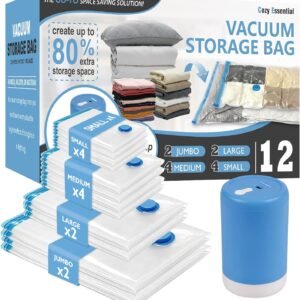 12 Pack Travel Vacuum Storage Bags with Portable Electric Pump, Vacuum Seal Space Saver Bags for Clothing, Vacuum Travel Bags for Luggage