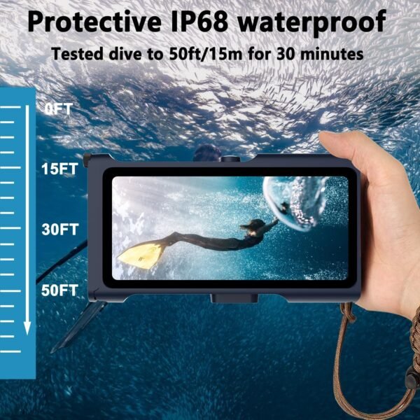 Professional Snorkeling Diving Waterproof Phone Case, Bluetooth Connection with APP Control, Underwater 50ft/15m Photo & Video Protective Housing for iPhone Samsung Galaxy LG Huawei etc. (Blue Orange) - Image 3