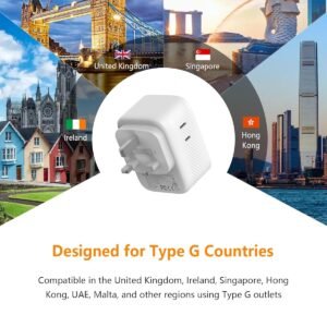 UK Travel Plug Adapter (2 Pack), Type G Plug Adapter with 30W GaN Fast Charger, 3 AC Outlets, 2 USB-C & 1 USB-A Ports, Surge Protection, Power Adapter for UK, Ireland, Singapore, Hong Kong & More