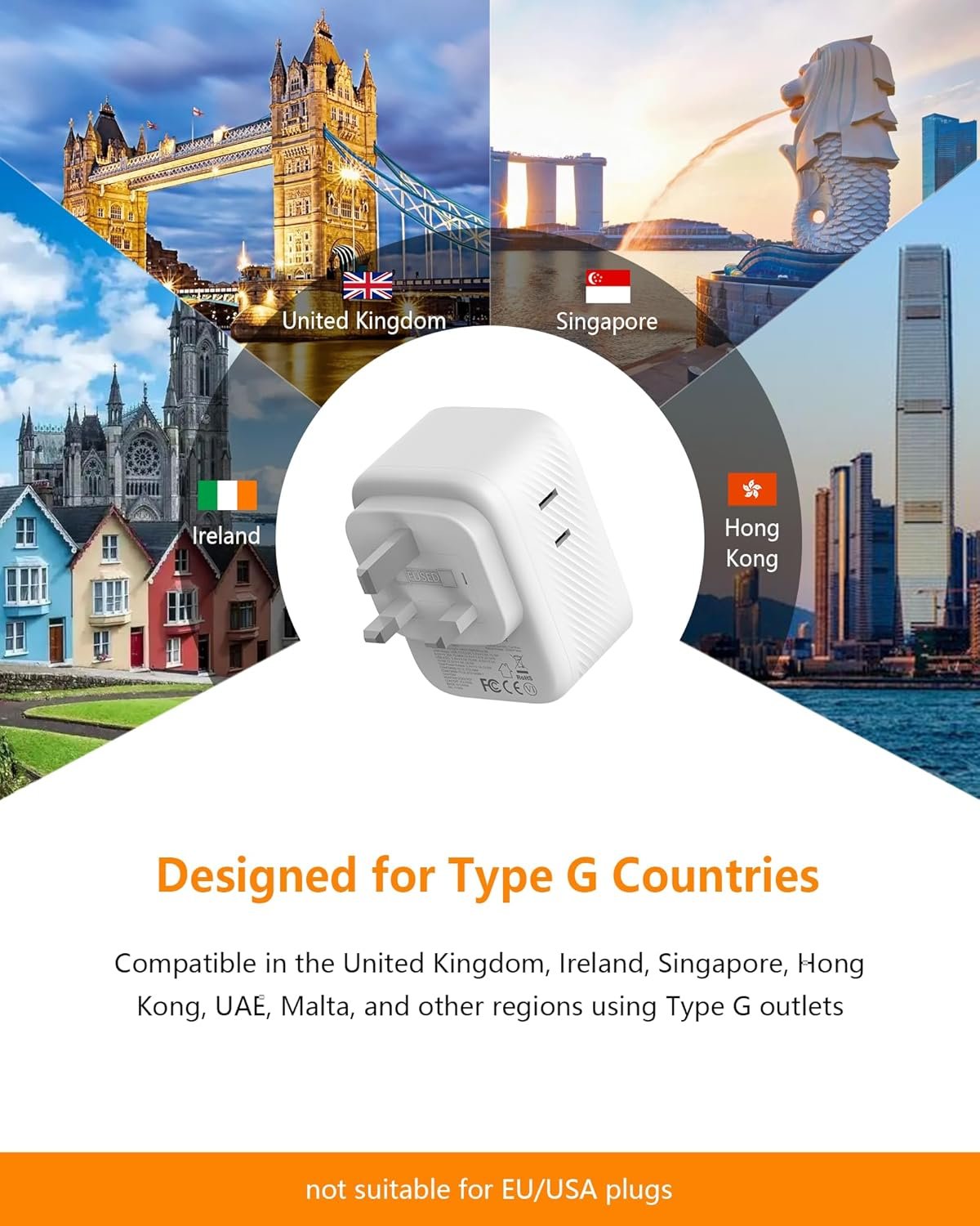 UK Travel Plug Adapter (2 Pack), Type G Plug Adapter with 30W GaN Fast Charger, 3 AC Outlets, 2 USB-C & 1 USB-A Ports, Surge Protection, Power Adapter for UK, Ireland, Singapore, Hong Kong & More - Image 2